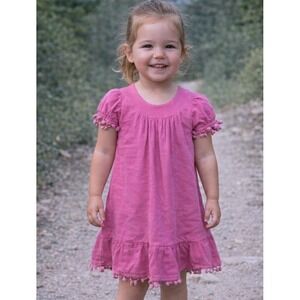 Mini Tramps Dress Kids Size 4 Pink  Pom-Pom Trim Ruffle Short Sleeve